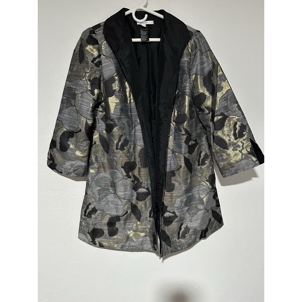 Chico's 3/4 Sleeve Black Gray Metalic Gold Floral Blazer Size 1
